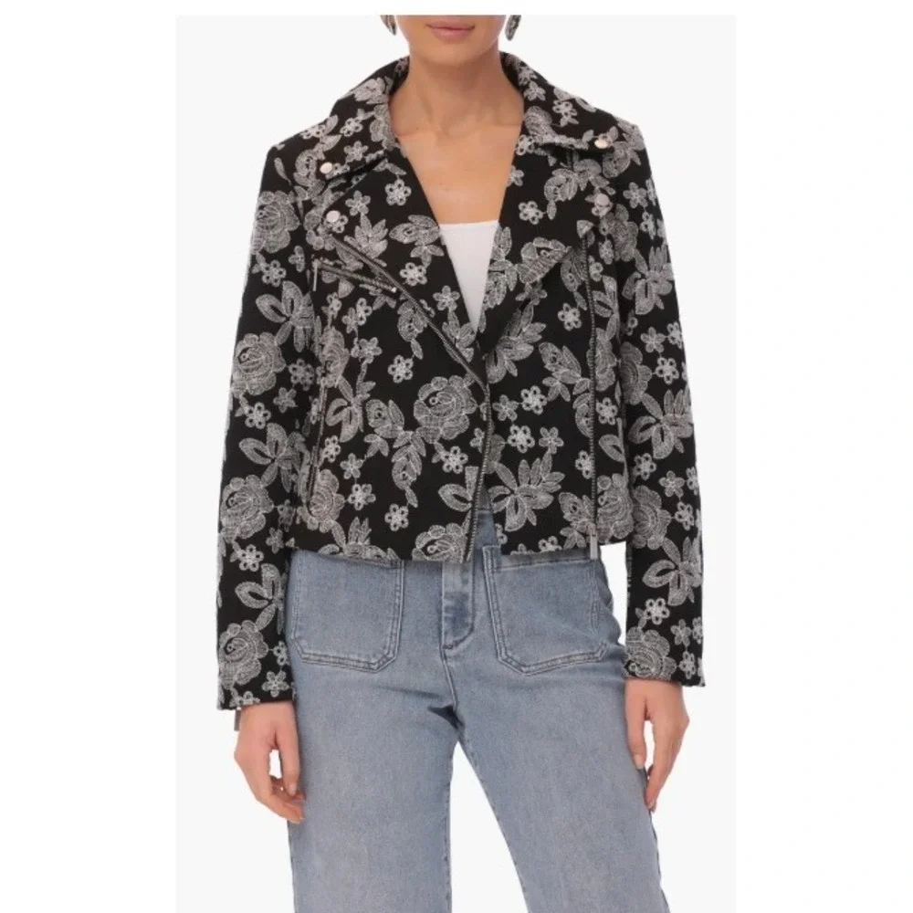 Bagatelle Floral Embroidery Cotton Moto Jacket Size Medium
